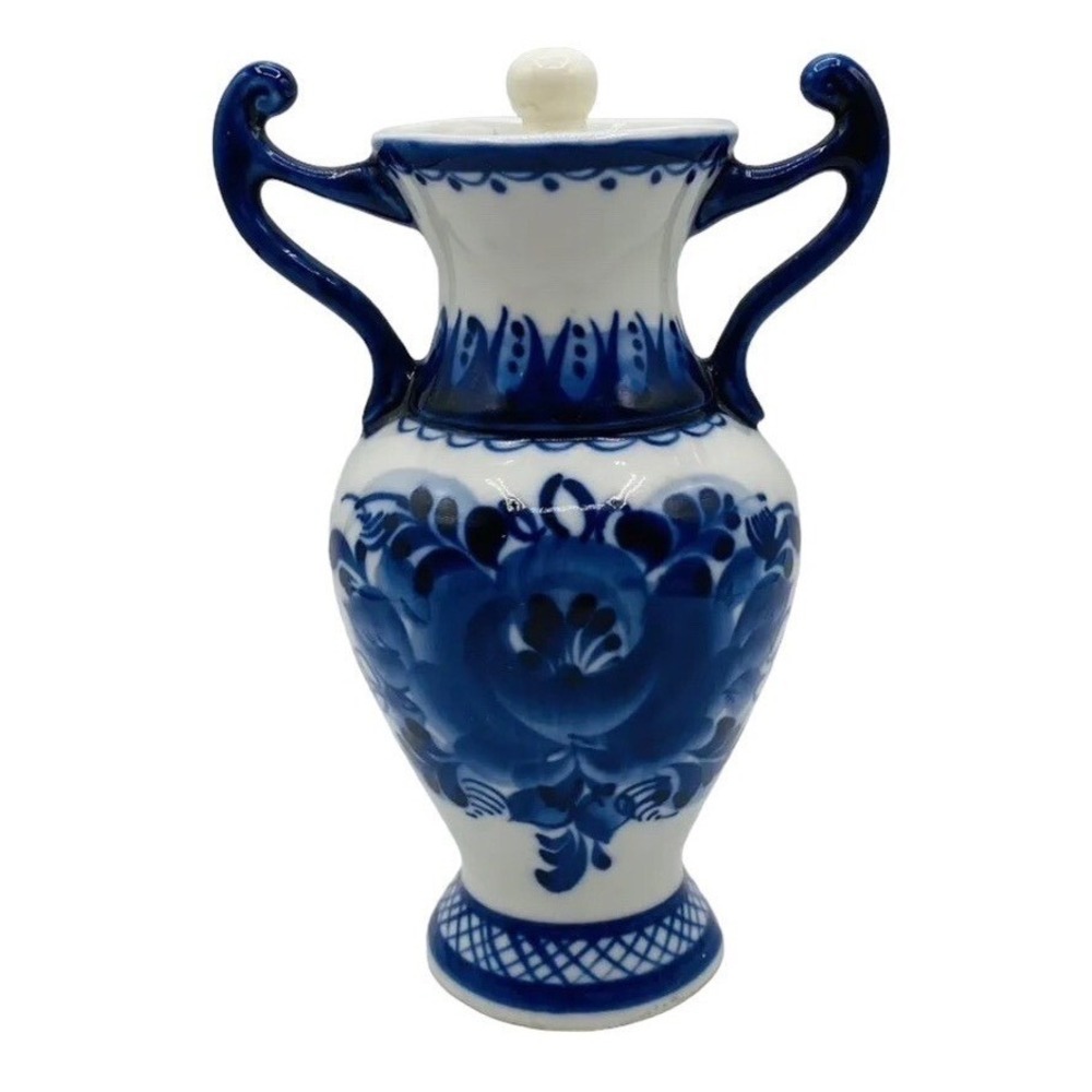 Gzhel Russian Porcelain Miniature Vase With Lid Blue White Floral Hand Painted